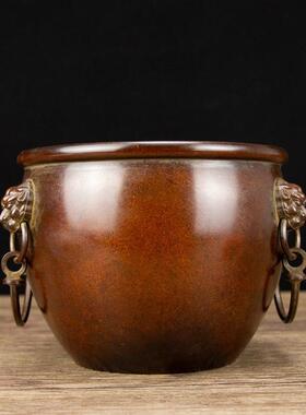 紫铜色双狮聚宝盆家用办公室摆件 狮头黄铜缸黄铜香炉大明宣德炉