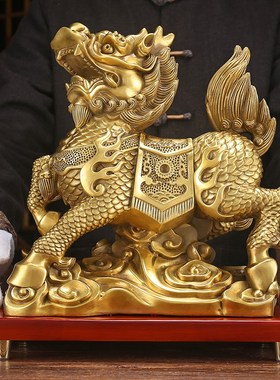 高档招财铜麒麟摆l件一对铜大号客厅入户玄关家居饰品进新房乔迁
