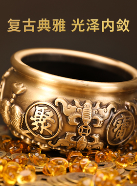 纯铜浮雕聚宝盆招财摆件家u用中式客厅玄关装饰品工艺品特大号铜