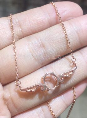 s925纯银 7*9mm锁骨链吊坠空托 镶钳翡翠蛋面 晶石 一体链 清新