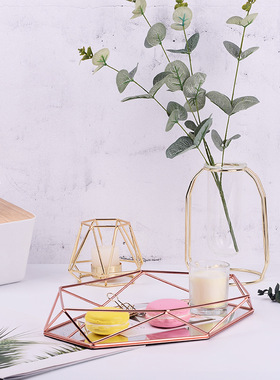 北欧简约黄铜玻璃镜面金属托盘 卫生间浴室卧室梳V妆台首饰盘摆件