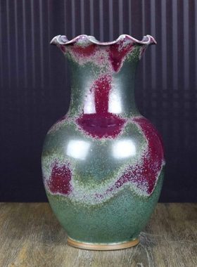 禹州钧瓷花瓶绿色炉钧传统手拉坯手工简约花口陶瓷插花器装饰摆件