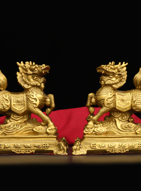 铜麒麟摆件一对聚宝盆麒麟家y用办公室客厅玄关桌面铜摆件礼品