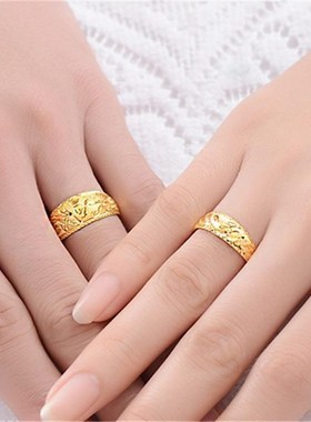 香港免税真金色龙凤情侣戒指对戒光滑指环复古X金男女金戒指