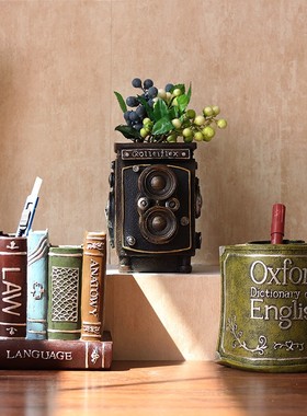 创意复古办公桌笔筒家居书房桌面工艺摆I件创意装饰品实用花盆摆