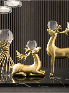 轻奢创意大理石纹树脂工艺品x客厅电视柜书房动物摆设金色麋鹿摆