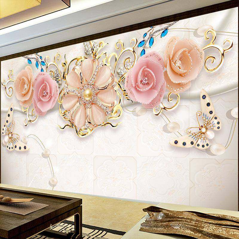 粉色玫瑰蝴蝶墙贴卧室客厅电视背景装饰贴画整张墙纸自粘,淘宝优惠券,粉丝福利购,淘宝优惠卷