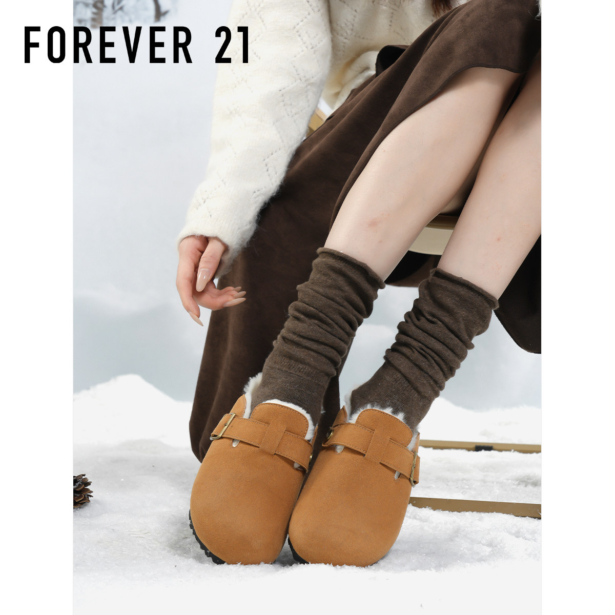 F21半拖加绒勃肯鞋女2025冬季新款保暖轻便软平底一脚蹬包头拖鞋,淘宝优惠券,粉丝福利购,淘宝优惠卷