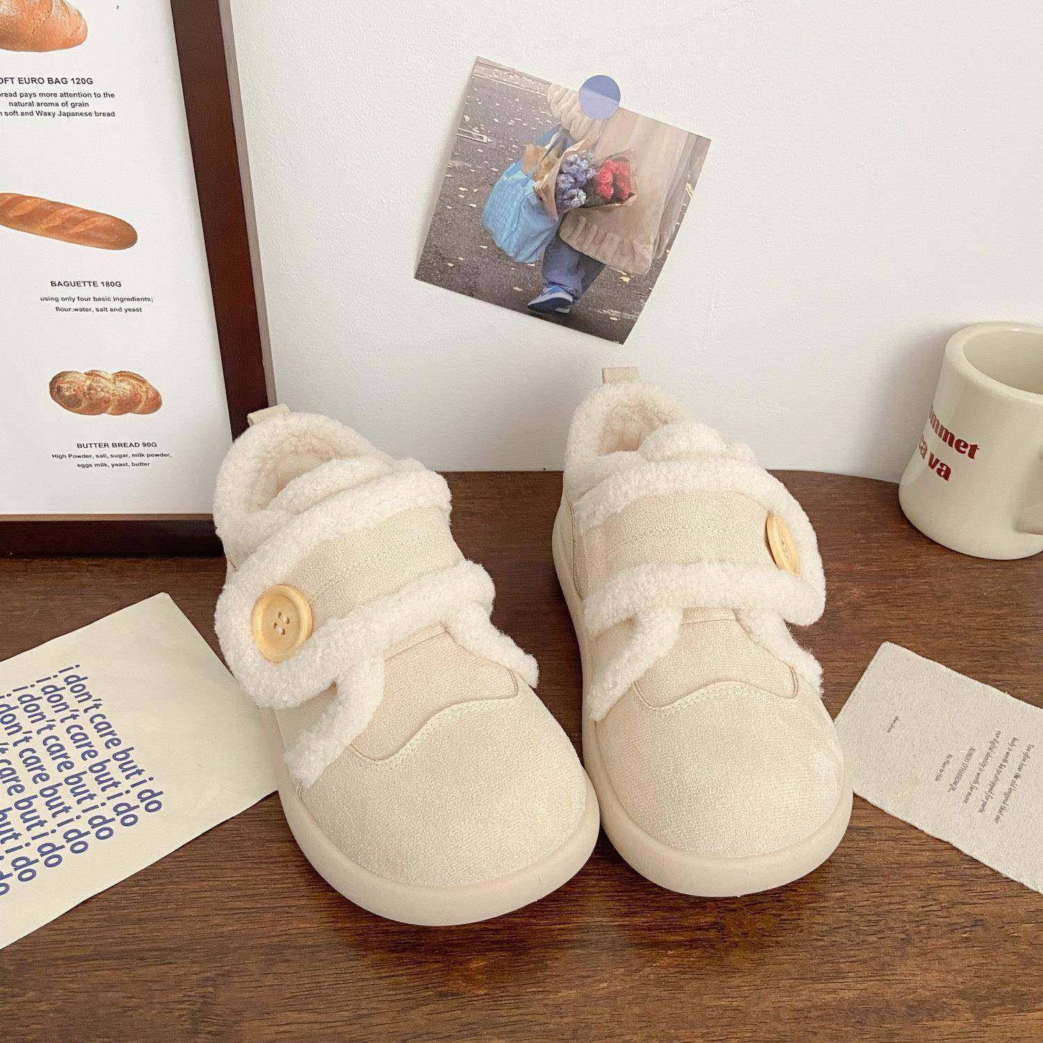 米白加绒魔术贴板鞋女丑萌冬季新款棉鞋chic小众雪地靴运动小白鞋,淘宝优惠券,粉丝福利购,淘宝优惠卷