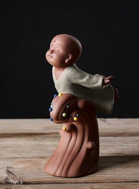 中式禅意陶瓷茶道摆件家居客厅办公室装饰紫砂可爱小和尚创意摆设