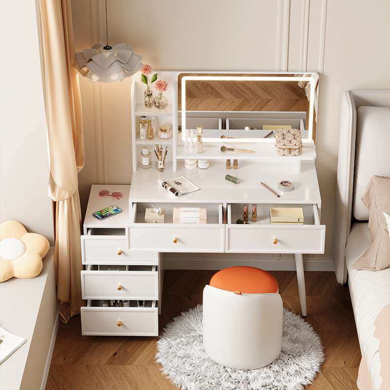 法式奶油风梳妆台卧室现代简约家用小户型化妆桌斗柜一体带LDE灯,淘宝优惠券,粉丝福利购,淘宝优惠卷