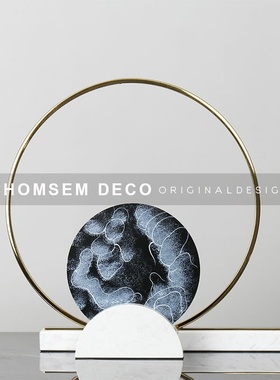 现代几何玻璃摆件样板房间大理石软G装饰品金属圆环屏风玄关摆设