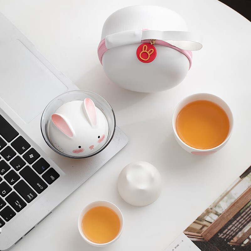 鑫烁萌兔b玻璃快客杯一壶三杯便携式户外旅行茶具陶瓷茶杯茶壶泡 - 图1