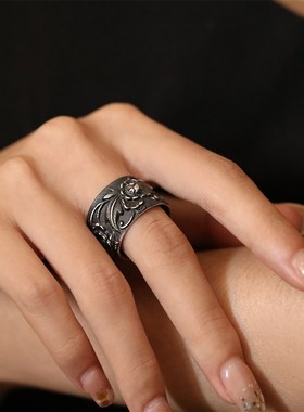 定制浮力999足银做x黑花朵戒指13-20#可戴