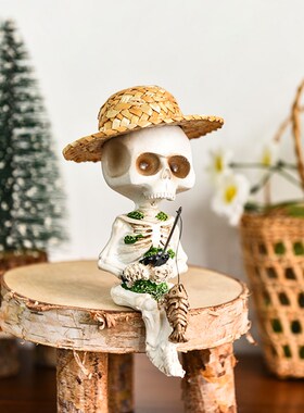 戴草帽c的钓鱼骷髅人创意桌面摆件房间改造小物件搞怪生日礼