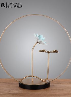 金属售楼处禅意摆件饰品室内软装玄关客厅样板房荷花新中式电视柜