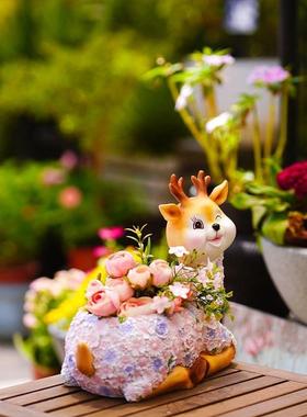 户外花园庭院花盆摆件梅花鹿花盆幼儿园阳台树脂雕塑多肉盆栽装饰