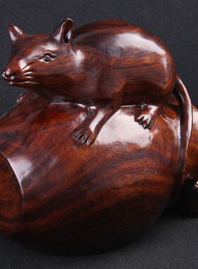 鼠鼠罐木雕老鼠钱工艺品鼠十二生肖桃木实木摆件