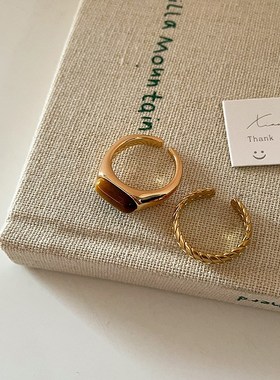 高级感复古虎眼石麦穗金属开口戒指E女轻奢优雅精致百搭指环戒子