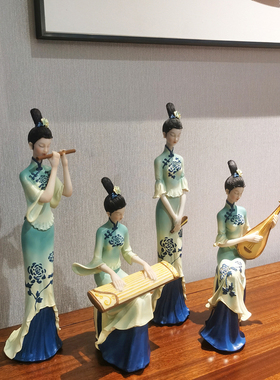 新中式祇此青绿摆件中国风古典仕女D高档博古架茶室玄Z关酒柜装饰