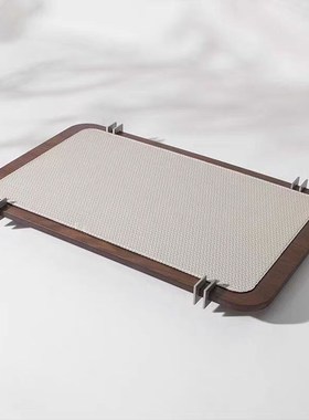 轻奢现代样板间灰色米白皮革收纳托F盘书房客厅桌面摆件装饰置物