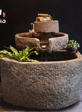 长嘴磨盘石槽流水摆件组合庭院花园水景J老石磨荷花景观旧石头鱼