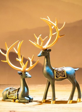 梅花鹿麋鹿一路高升大号一对招财新中F式客厅酒柜装饰品小摆件家