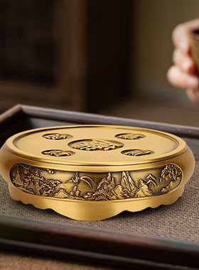 黄铜铜缸山水底座摆件招财v进宝款摆放聚宝盆香炉金属座架复古怀