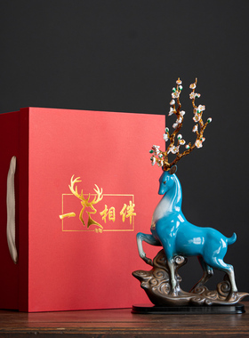 招财鹿摆件大号陶瓷梅花鹿新中z式客厅酒柜玄关办公室桌面高档装