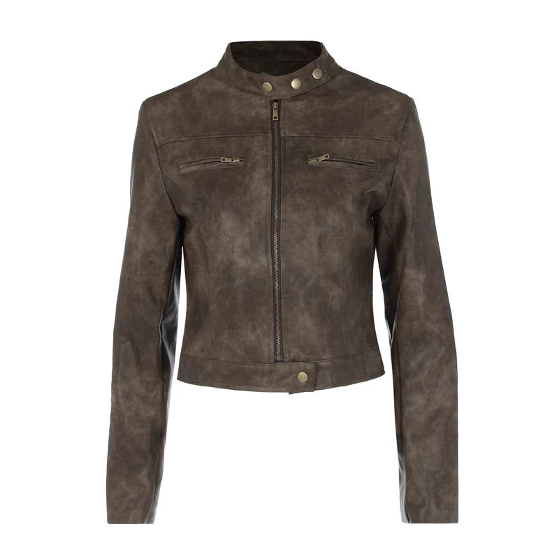 American retro retro brown short jacket 2024 spring new hot girl is the easiest to match stand-up collar Pu leather jacket