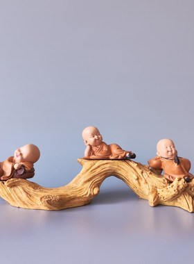 古风小摆件迷你三个沙弥小和尚y禅意复古树脂装饰品客厅国风佛底