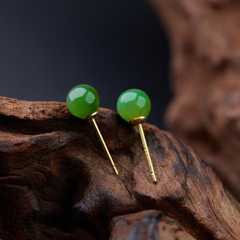 琳琯瑛和田碧玉耳钉s925银镶嵌菠菜绿圆珠耳饰耳环耳钩送女友礼物,淘宝优惠券,粉丝福利购,淘宝优惠卷