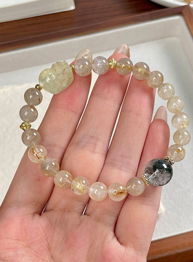 天然金发晶水晶手串貔貅绿幽灵