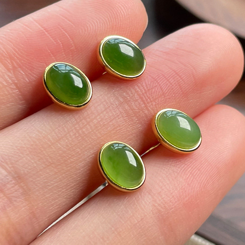 琳琯瑛天然和田玉耳钉女简约蛋面椭圆阳绿色设计感耳饰送女友礼物,淘宝优惠券,粉丝福利购,淘宝优惠卷