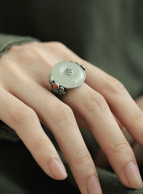 925银新中式复古风平安扣戒指环和田玉I轻奢高级感个性简约民族风
