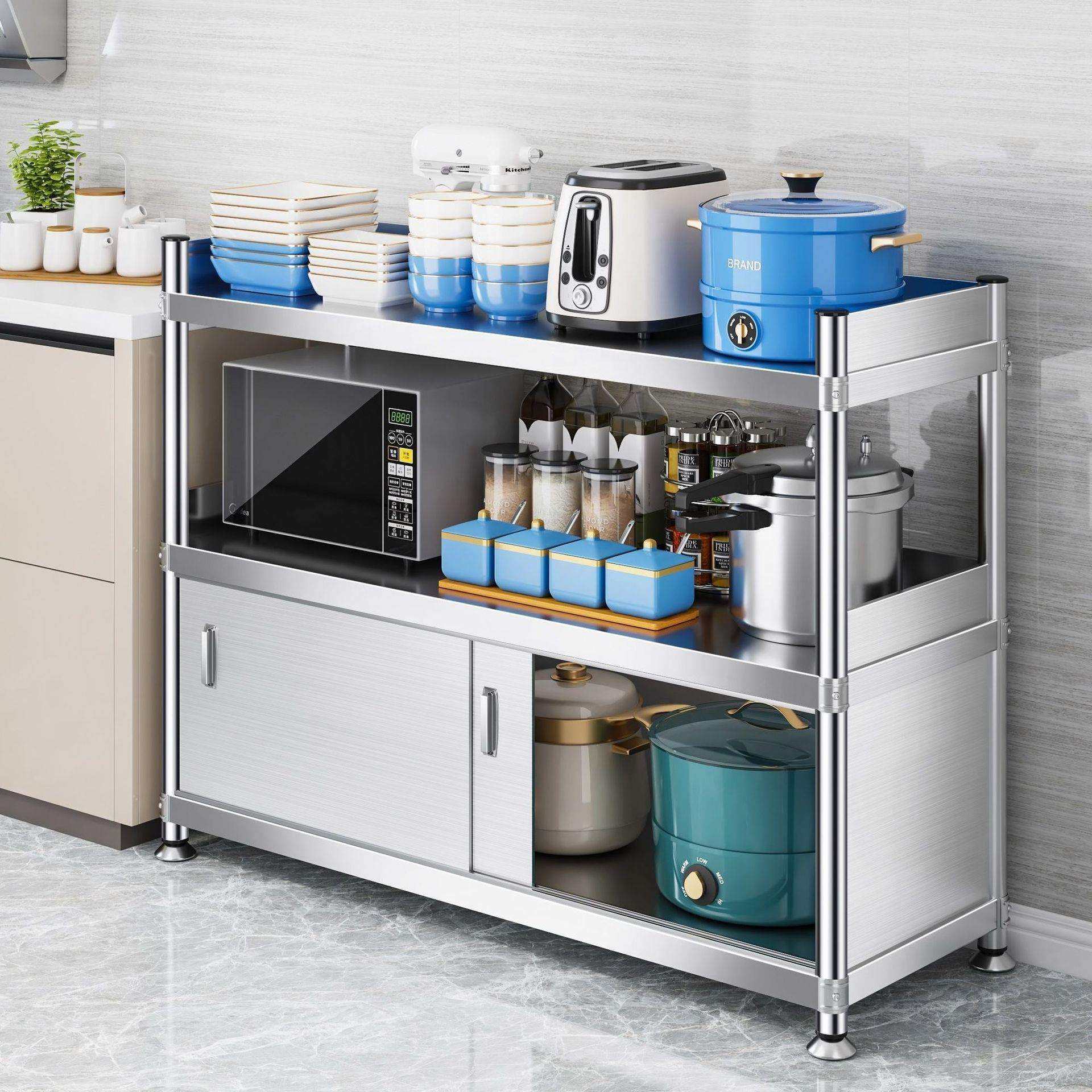 货架子多层家用带不锈钢落地推拉围栏不锈橱柜物收纳储架子置物架,淘宝优惠券,粉丝福利购,淘宝优惠卷