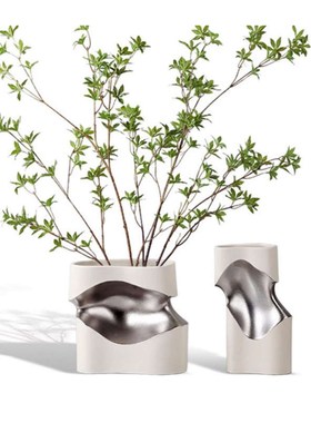 现代简约砂岩黑白描绘金银v色创意花器摆件样板间客厅水墨花瓶装