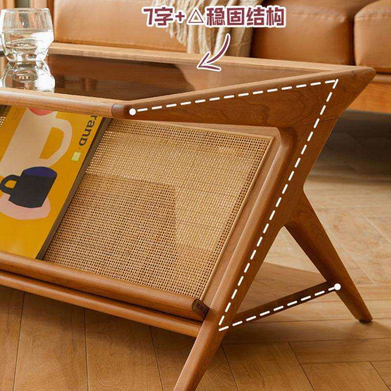 法式复古茶几实木藤编客厅家用餐桌两用玻璃长方形简约现代小户型,淘宝优惠券,粉丝福利购,淘宝优惠卷