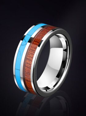 指环镶嵌思相金本命年新款钨绿松石木潮男男士戒指男款配饰红刻字