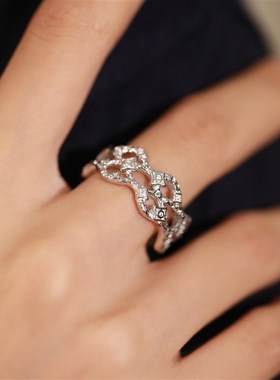 +S925银白锆镂空w四芒星戒指13-16#可戴