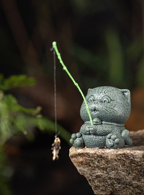 国潮风大圣悟空茶宠摆o件可爱小猫钓鱼青蛙治愈系鱼缸造景桌面装
