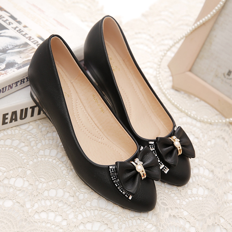 黑色坡跟鞋女2021春秋新款软底内增高蝴蝶结单鞋百搭淑女豆豆鞋,淘宝优惠券,粉丝福利购,淘宝优惠卷