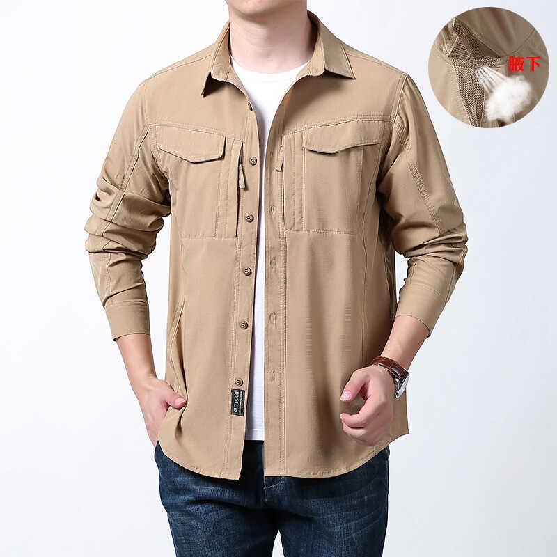 双拉链大口袋春夏季新款男士工装长袖衬衫大码纯棉中青年衬衣薄 - 图0