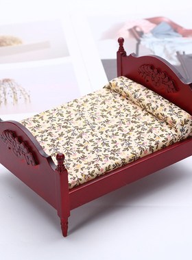 1:12娃娃屋dollhousey迷你家具卧室微场景模型欧式木质布艺双人床