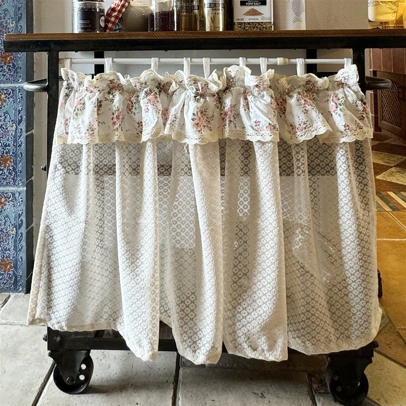 新款美式古堡米色蕾丝碎花半帘遮挡帘柜子门帘窗帘免打孔可定制,淘宝优惠券,粉丝福利购,淘宝优惠卷