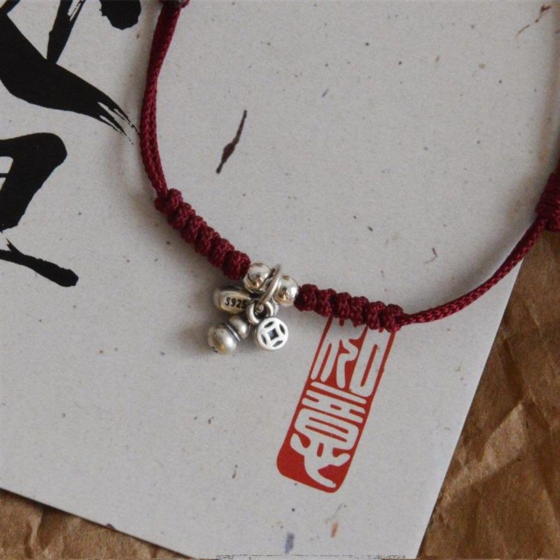 福禄财原创复古可爱t新年红绳春运925银葫芦元宝钱币手链 - 图1
