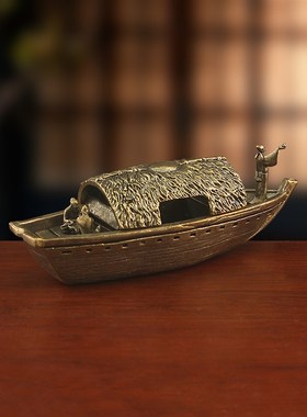 纯黄铜乌篷船渔船办公桌面茶宠摆件D禅意工艺品玄关装饰微景观礼