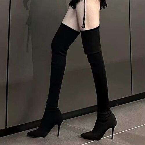 过膝高跟长靴子女2024秋冬新款绒面H尖头套筒瘦瘦靴加绒细跟长筒 - 图0