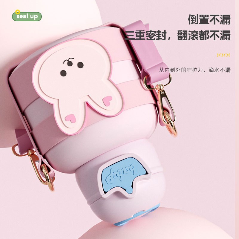 儿童保温杯不锈钢男女学生户外便携带背带宝宝吸管杯子幼儿园水壶 - 图2