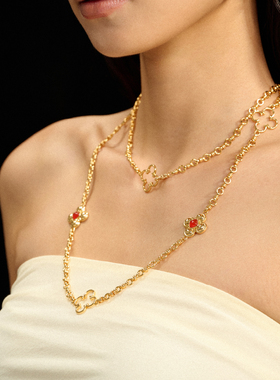 sufua四叶草红玛瑙长项链毛衣链